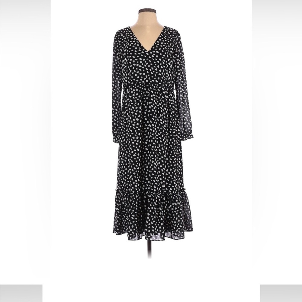 J.Crew Black Midi Dress S | V-Neck Crinkle Polka Dot Long Sleeve
